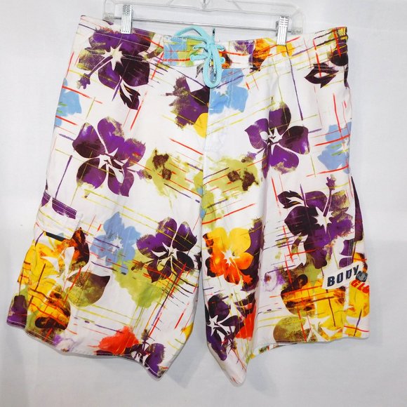 Body Glove Mens 38 White  Purple Yellow Floral Hibiscus Board Shorts unlined - Picture 1 of 10